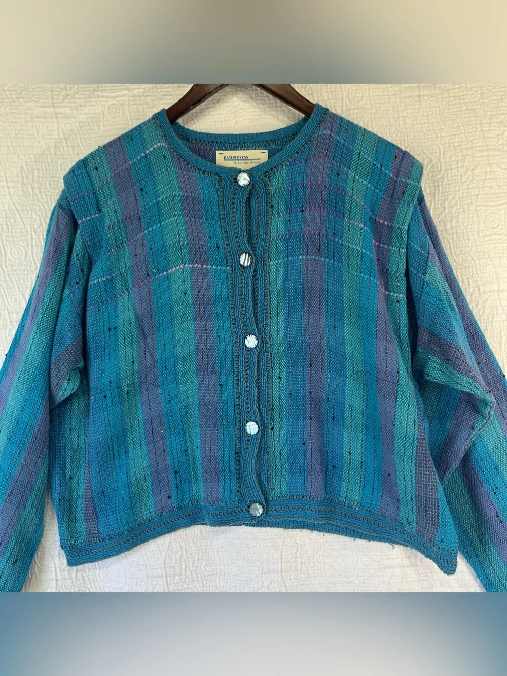 Vintage Handwoven Cardigan Sweater by M Lynette Holmes Handmade Cotton Tweed L